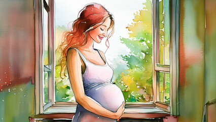 A serene watercolor illustration of an expectant mother by a window, radiating calm and anticipation