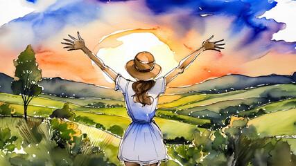 A watercolor painting of a girl in a field at sunset, arms raised, facing away. Vibrant colors evoke freedom and peace