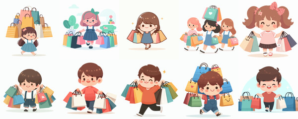 set vector children carrying lots of shopping bags