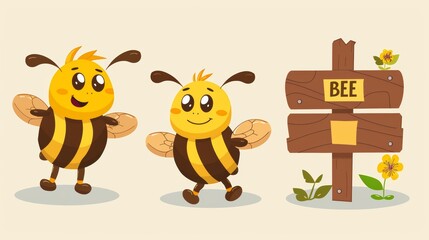 Set of cartoon happy bee character holding empty honeycomb shaped signboard. Protect the environment concept flat design. cartoons. Illustrations