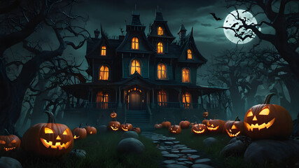 Halloween background with pumpkins and haunted house - 3D render. Halloween background with Evil Pumpkin. Spooky scary dark Night forrest