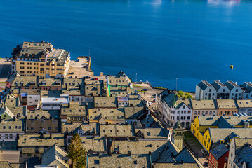 Fototapeta premium top view of The city of Alesund and the sea during a sunny day, Norway