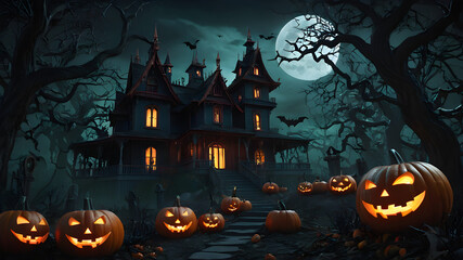 Halloween background with pumpkins and haunted house - 3D render. Halloween background with Evil Pumpkin. Spooky scary dark Night forrest