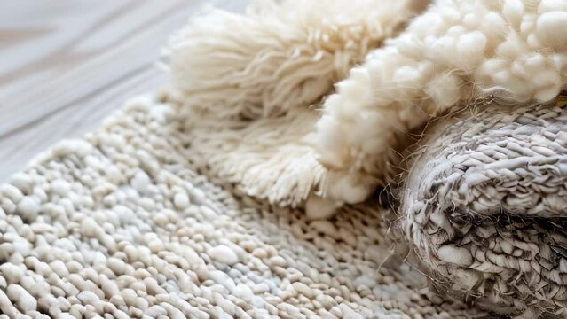 Close-up of textured soft blankets with tassels on wooden surface