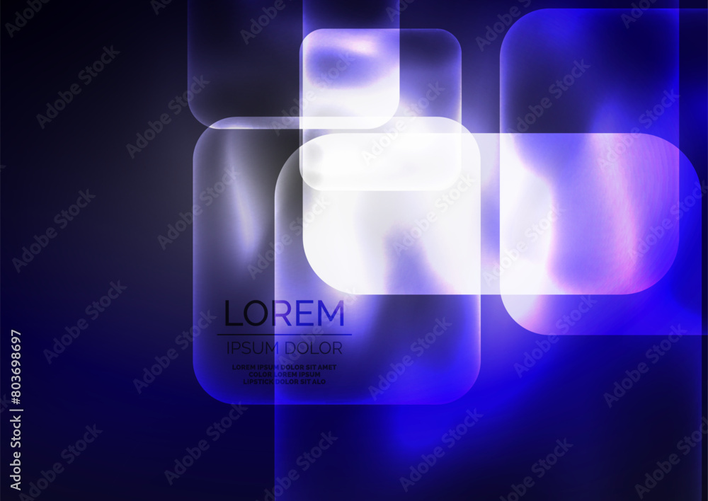 Poster A dark blue background with squares and the word lorem on it. The font is in a vibrant violet color. The design gives a sense of darkness with hints of magenta and electric blue