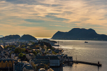 top view of Alesund during a sunset in a sunny evening, Norway