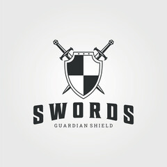 swords and shield logo vector vintage illustration icon template graphic design, guardian shield sign or symbol for business and company