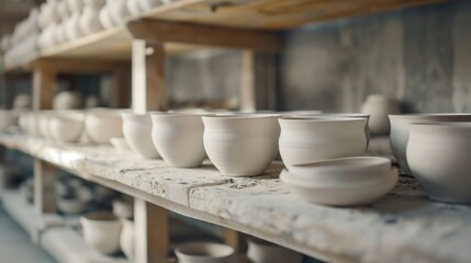 Shelf with white raw ceramic cups and bowls in a pottery shop.