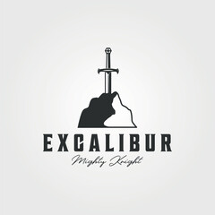excalibur logo stuck in stone vector vintage illustration icon template design
