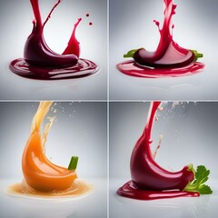 Array of vegetable juice splashes made from carrots, beets, and spinach3