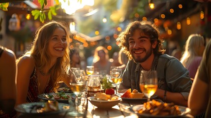Golden Hour Dinner: Friends Sharing Laughter and a Cozy Meal