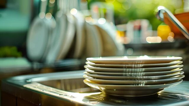 Clean dishes stacked next to kitchen sink in sunlight
