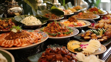 a buffet table adorned with a variety of plates and bowls, including a white plate, a black bowl, a