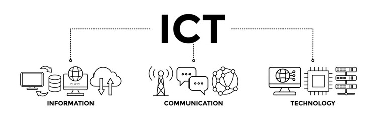 ICT banner icons set for information and communications technology with black outline icon of antenna, radio, network, website, database, cloud, server, data, electronic, and processor