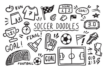 Soccer doodle elements set. Football sport ball, winner cup. Hand drawn sketch style.