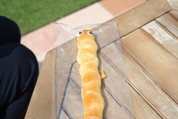青空の下で食べるヘビの動物パン