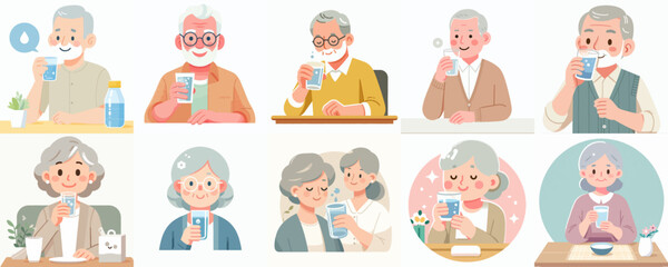 vector set of grandparents drinking water