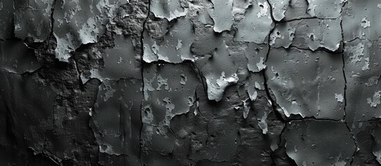 Monochrome close-up image showing the detailed texture of a deteriorating wall with peeling paint and cracks
