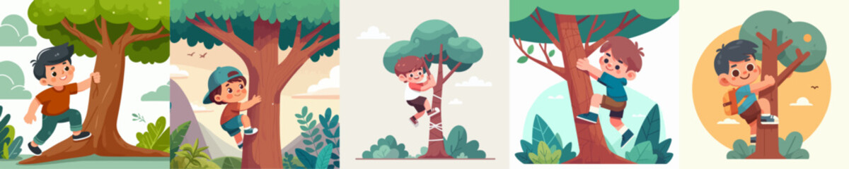 vector set of happy boys climbing trees