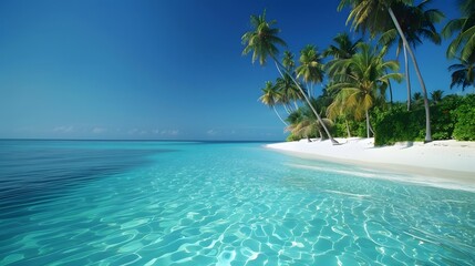 Tranquil tropical paradise with crystal clear waters and lush palms