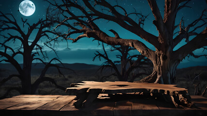 Old wood table and silhouette dead tree at night for Halloween background - Powered by Adobe