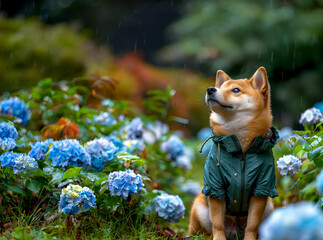 あじさいの咲く梅雨の公園でペット用のカッパを着ておすわりしているかわいい柴犬
