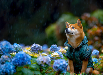 あじさいの咲く梅雨の公園でペット用のカッパを着ておすわりしているかわいい柴犬
