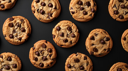 Top view of chocolate chip cookies neatly arranged on a black background, Concept of culinary art and delicious snacks.