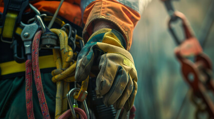 Close-up of a construction worker equipped with a detailed safety harness and tools.