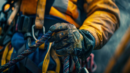 Industrial climber in protective gear secures a safety rope, preparing for a high-altitude task. - Powered by Adobe