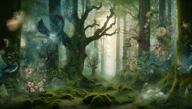 Scene of mystic forest encounter, merging ancient trees with ethereal wildlife