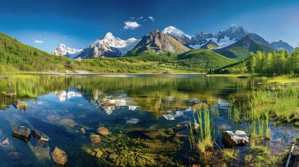 Mountain reflections in a serene alpine lake