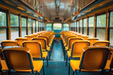 Fototapeta premium A clean and spacious interior of a school bus with empty yellow seats, ready to welcome students.