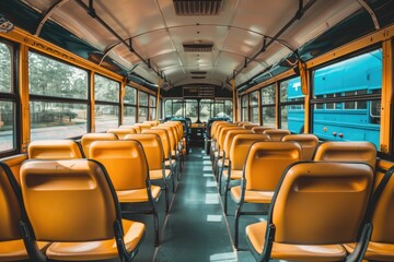 A clean and spacious interior of a school bus with empty yellow seats, ready to welcome students.