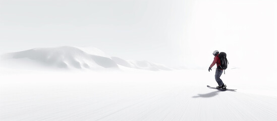 A snowboarder riding on the vast expanses, A fearless rider braves the snowy mountain, carving their way down the steep slope on their snowboard with skill and determination.
