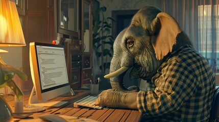 An elephant wearing a shirt, learning on a computer, educational and amusing scene