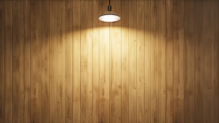 A wooden wall with a light hanging from the ceiling. The light is shining on the wall, creating a warm and inviting atmosphere