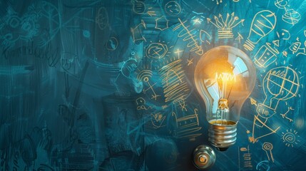 Bulb lamp radiating knowledge and creativity symbols, set against a calming blue wallpaper