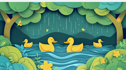 paper cut illustration of nature scenery in summer and rainy season with yellow ducks