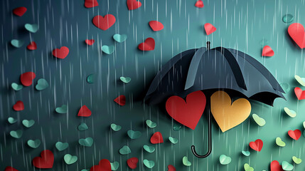 paper cutting illustration of two hearts under umbrella in rainy day