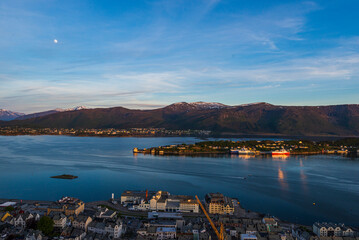 Fototapeta premium top view of Alesund during a sunset in a sunny evening, Norway