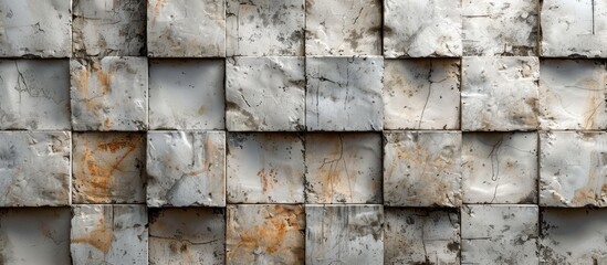 A detailed perspective of a densely arranged wall composed of interconnected metal blocks