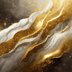 Abstract golden, glitter, white, grey, dynamic fluid agate marble art with thin gold veins texture...