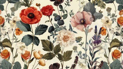 Seamless pattern background featuring a collection of vintage botanical illustrations with flowers and leaves