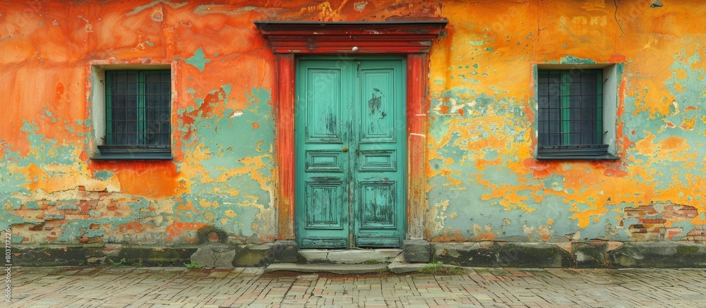 Poster the front of a building is shown with a detailed view of a door and multiple windows, showcasing arc