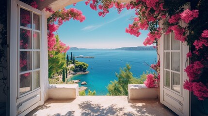  Scenic View of Coastline from Open Window of Luxury Villa. 