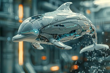 A robot dolphin is flying through the air