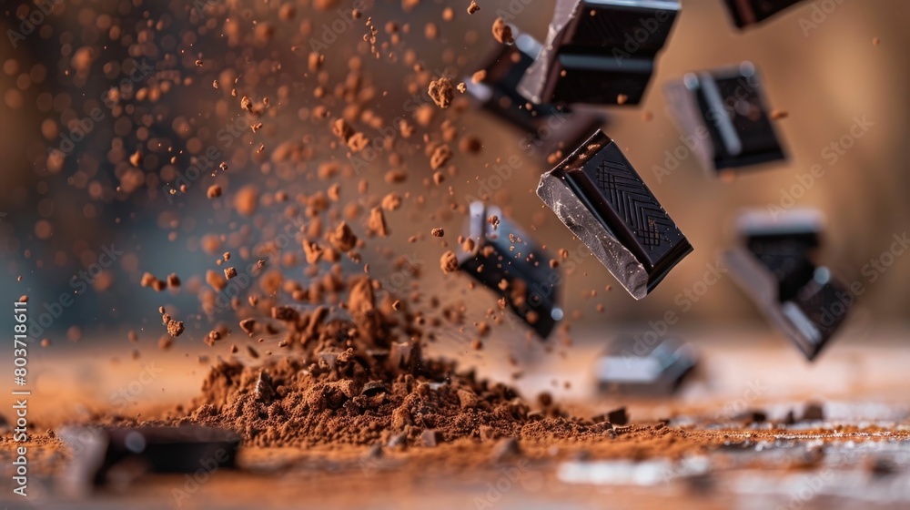 Poster levitating chocolate pieces and cocoa powder in dynamic motion suggesting the alluring process of cr