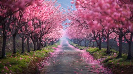 Sakura Cherry blossoming alley. Wonderful scenic park with rows of blooming cherry sakura trees 