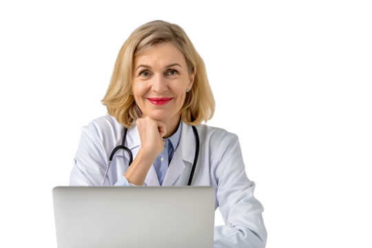 Isolated female doctor with laptop